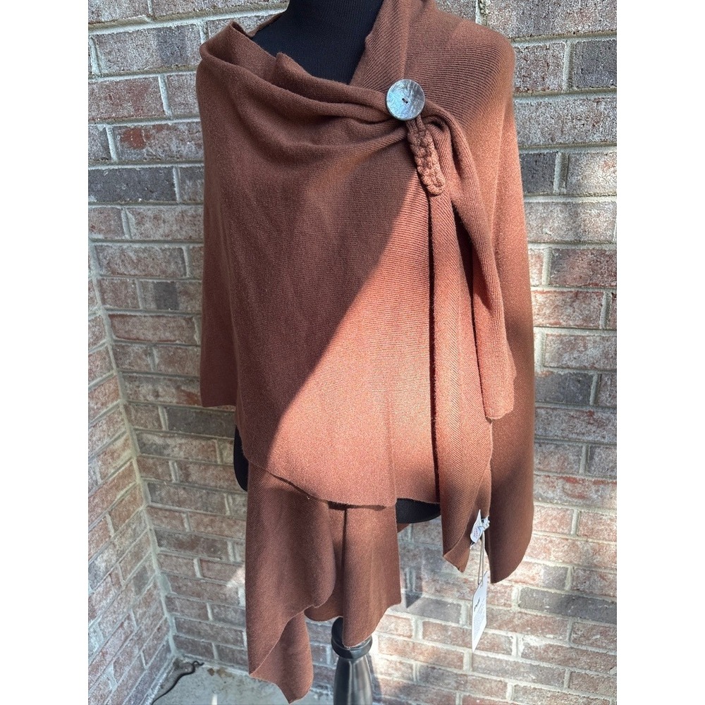 Pulli Brown Knit Wrap Poncho Shawl Button‎ Detail NWT Soft Drape